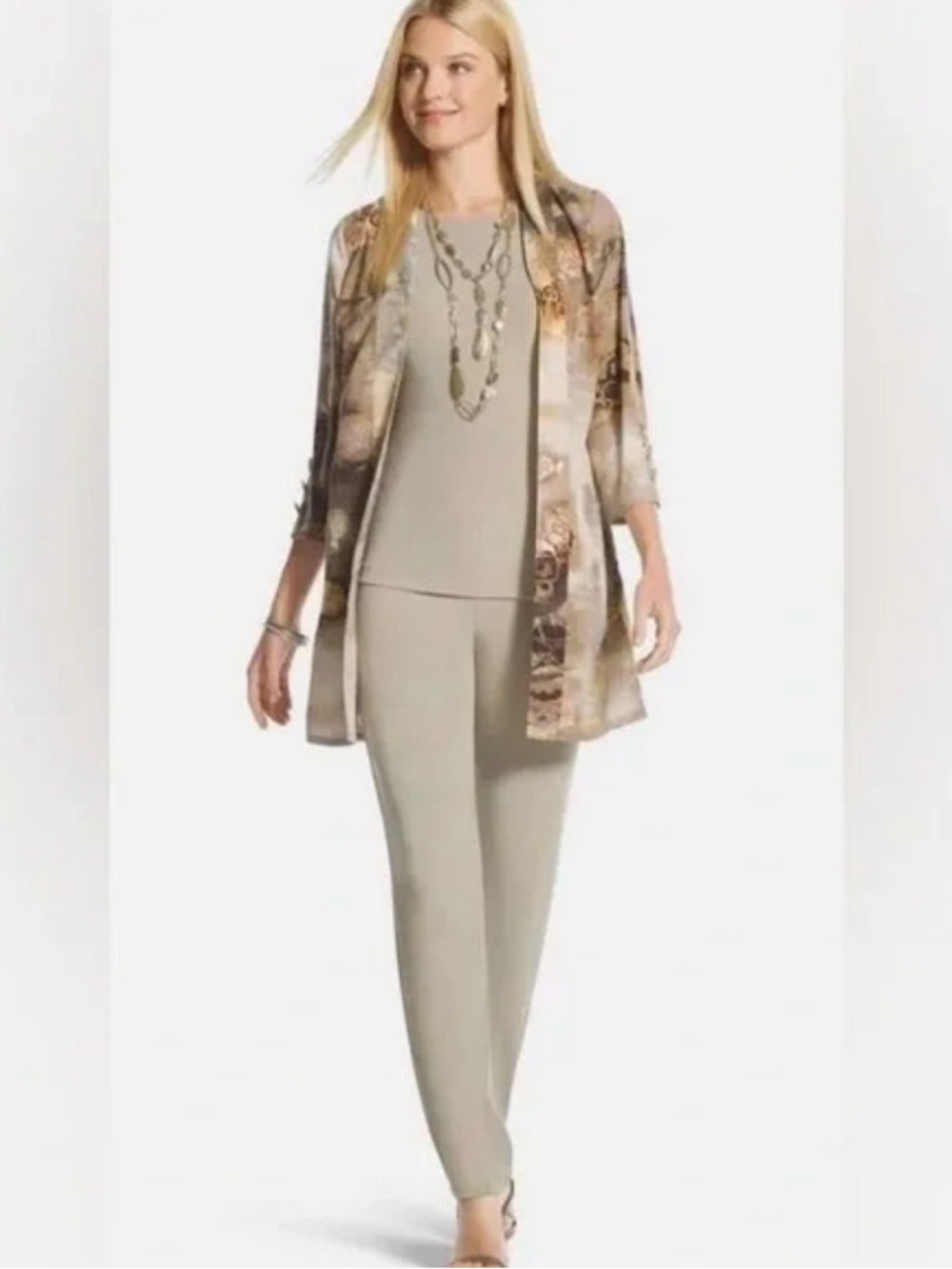 Chicos Travelers Kimono Cardigan - Neutral Taupe Asian Print size 3 XL